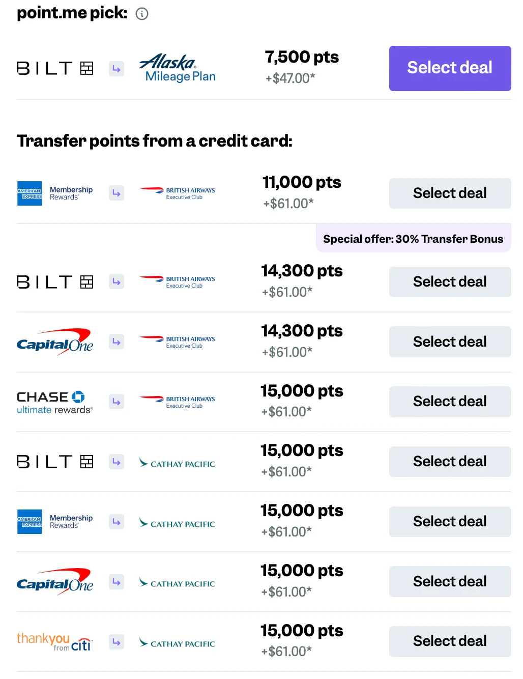 Screenshot of point.me deal options for booking Cathay Pacific with points, including Bilt to Alaska Mileage Plan and credit card transfers to British Airways and Cathay Pacific
