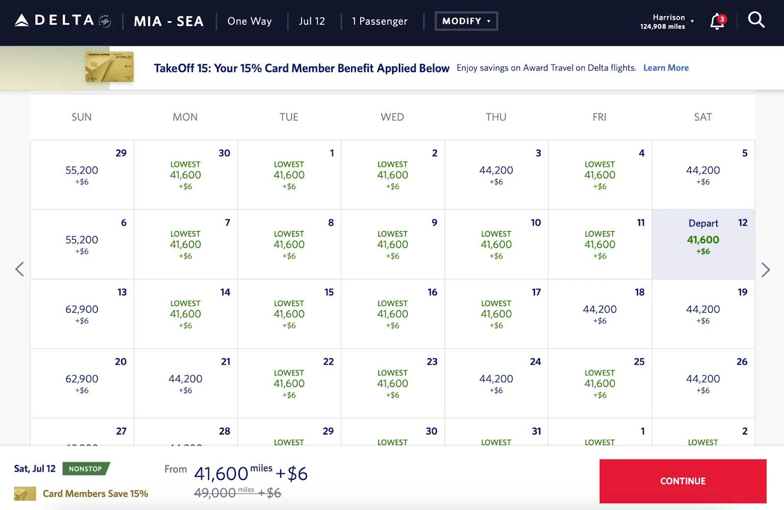 Screenshot of a Delta SkyMiles award calendar for Miami to Seattle showing a fare of 41,600 miles plus $6, with a 15% card member savings banner