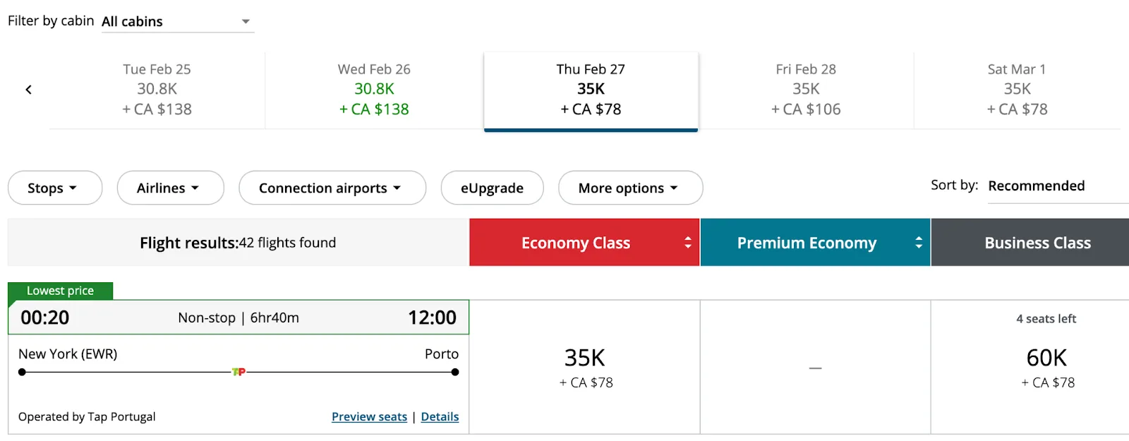 Screenshot of an Air Canada award search from New York to Porto, Portugal, showing economy at 35,000 points and business class at 60,000 points on TAP Air Portugal