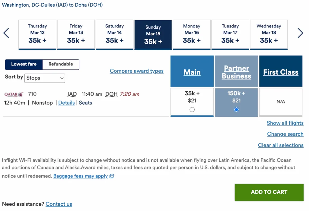 Screenshot of a United award search from Washington Dulles to Doha showing available seats in Main cabin and Partner Business class