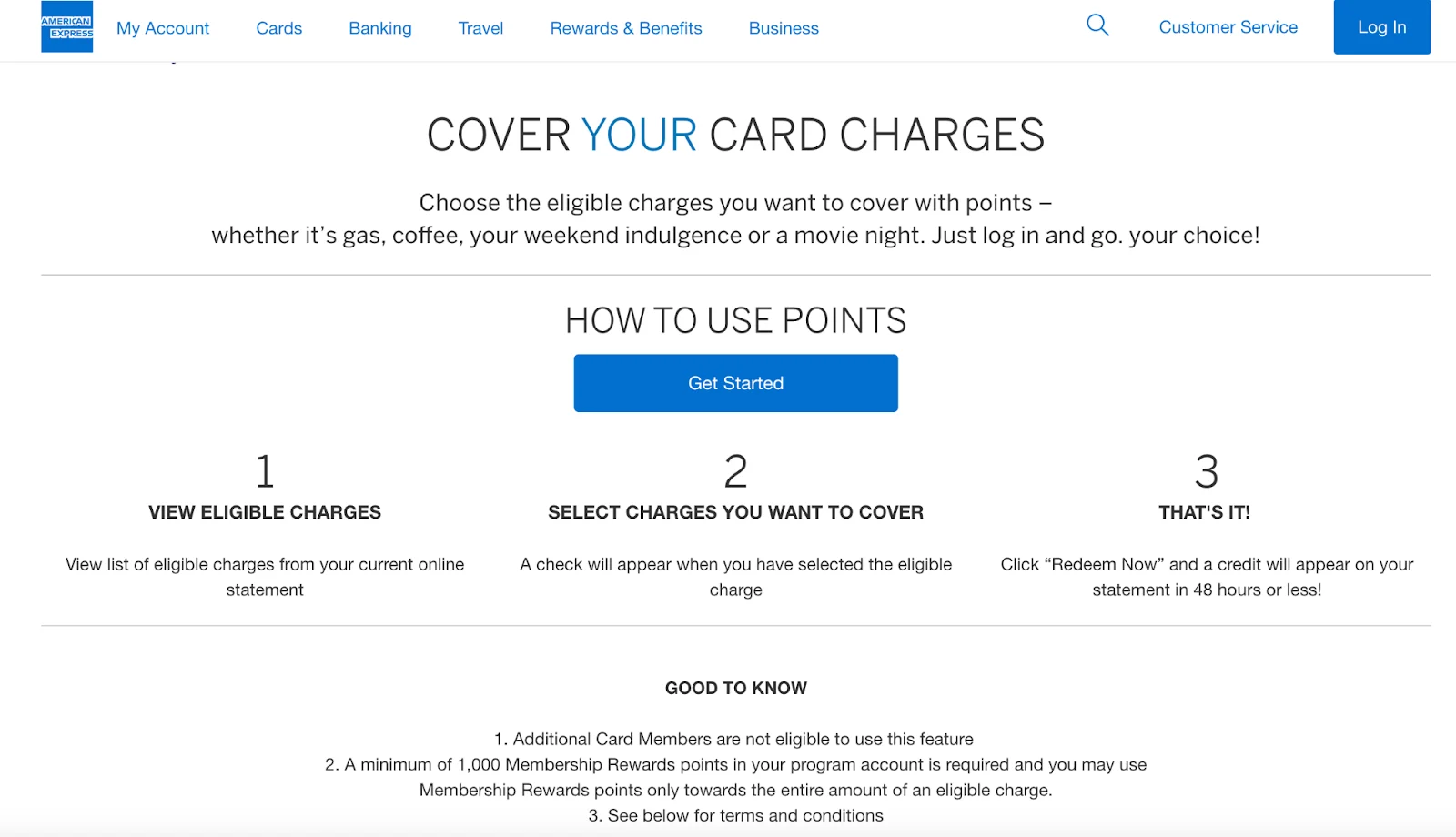 Screenshot of the American Express website's 'Cover Your Card Charges' page explaining how to redeem Membership Rewards points as a statement credit.