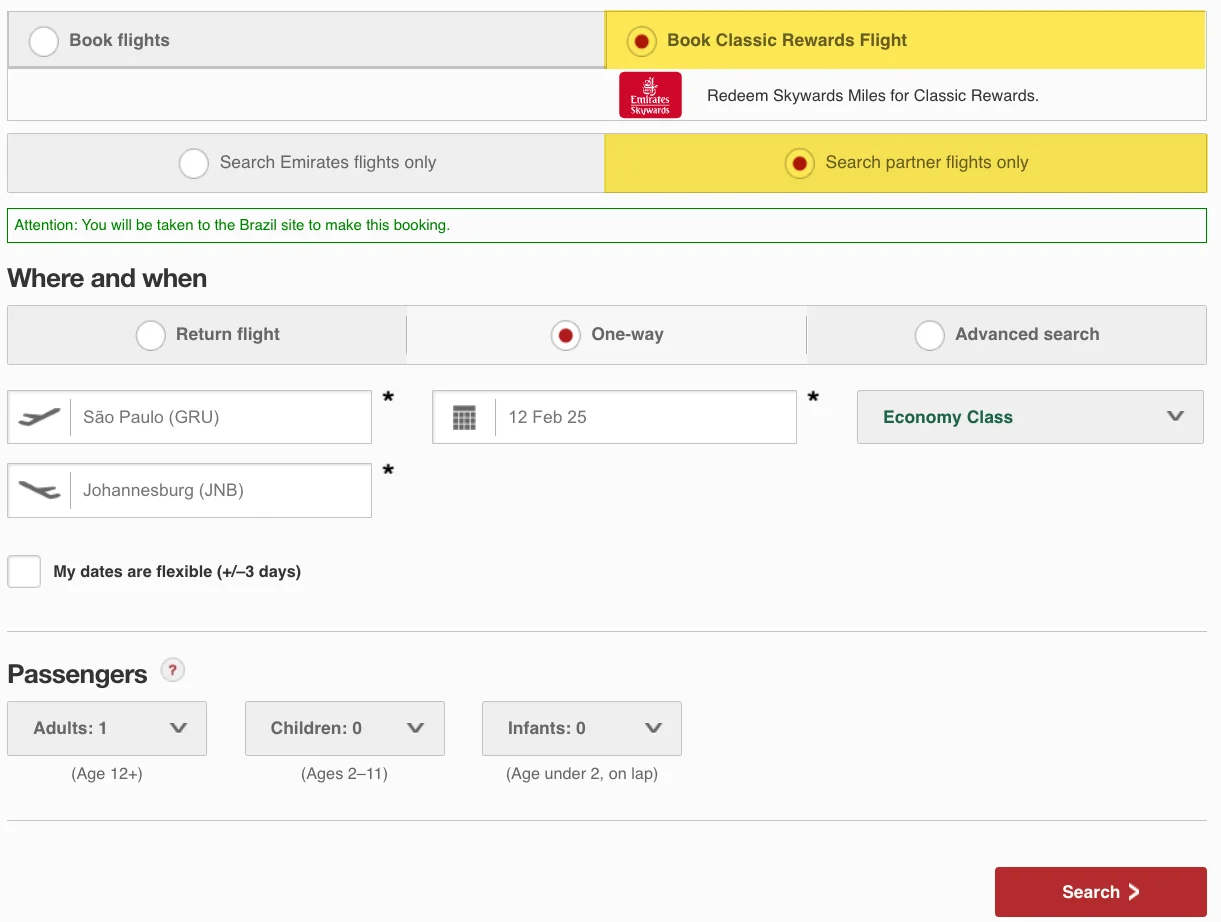 Screenshot of the Emirates Skywards booking form for a Classic Rewards flight from São Paulo to Johannesburg