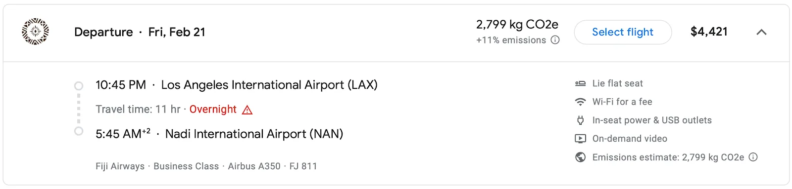 Screenshot of a flight search result for a Los Angeles to Nadi, Fiji business class flight on Fiji Airways priced at $4,421