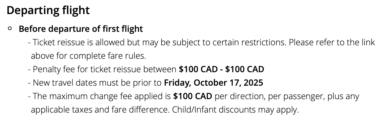 Screenshot of an airline's fare rules listing ticket change and cancellation fees for a departing flight
