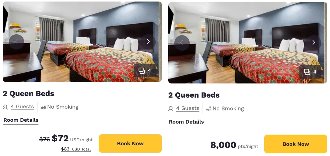 Screenshot of a Choice Hotels room listing showing 2 Queen Beds priced at $72 per night or 8,000 points per night