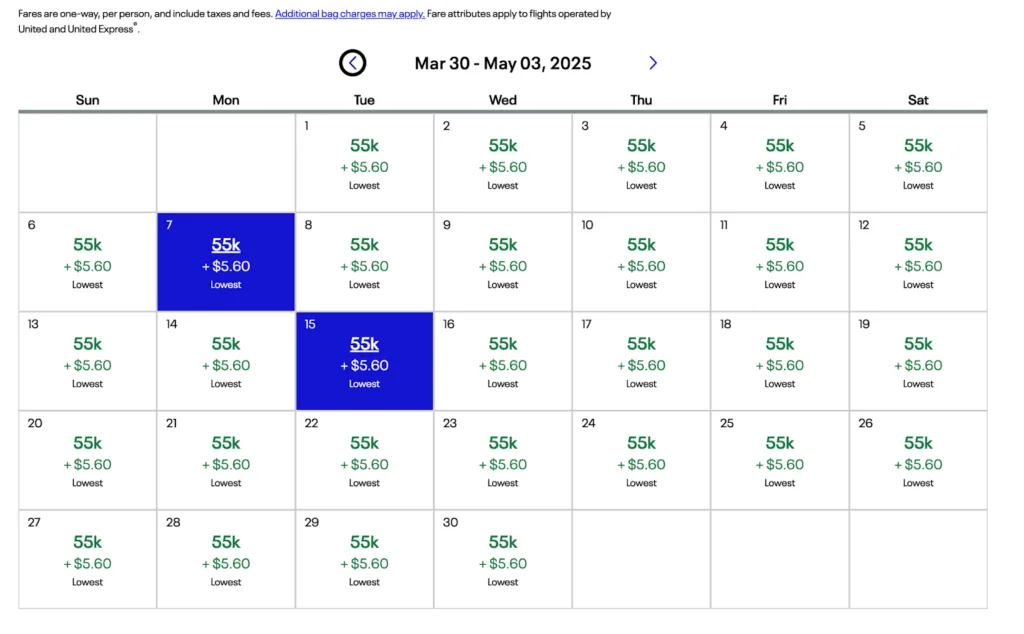 Screenshot of a United Airlines fare comparison for San Francisco to Seoul, showing Economy at 55K miles, Premium Economy at 65K, and Polaris Business at 200K