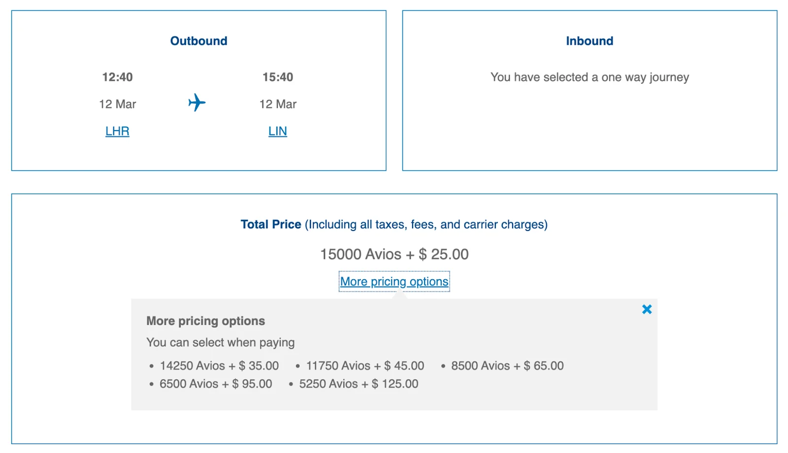 Screenshot of British Airways Avios pricing for a London to Milan flight, totaling 15,000 Avios plus $25, with alternate cash-and-points options listed.