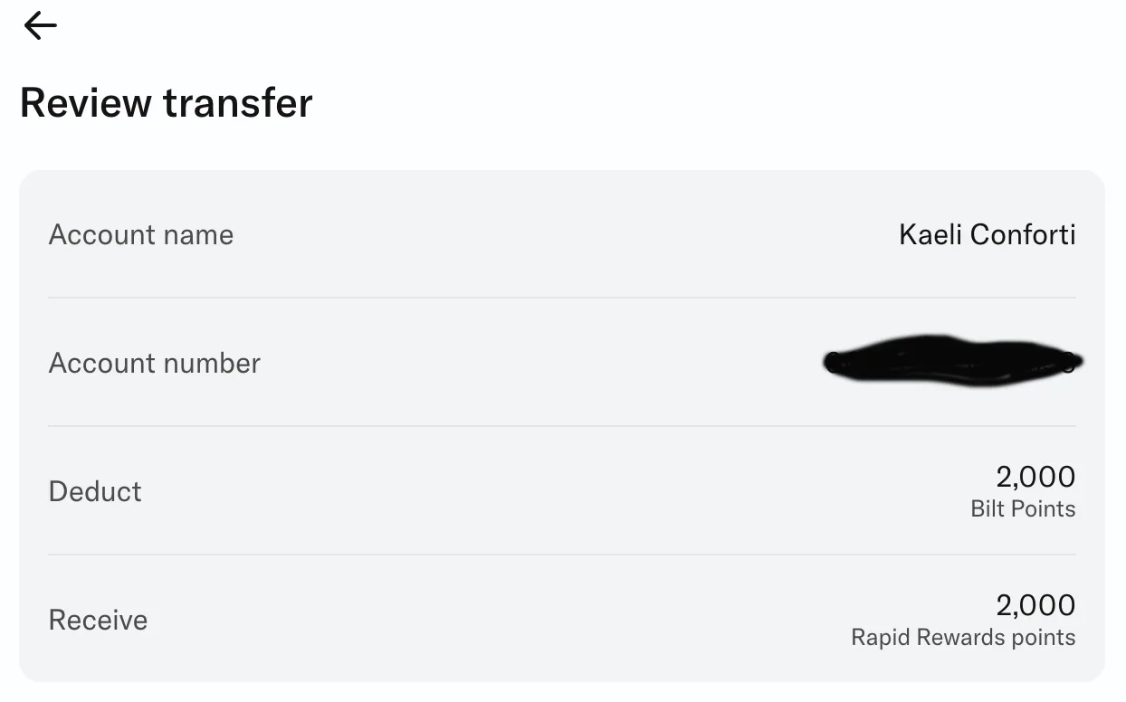 Screenshot of a Bilt Rewards transfer confirmation screen showing 2,000 Bilt Points being converted to Southwest Rapid Rewards points