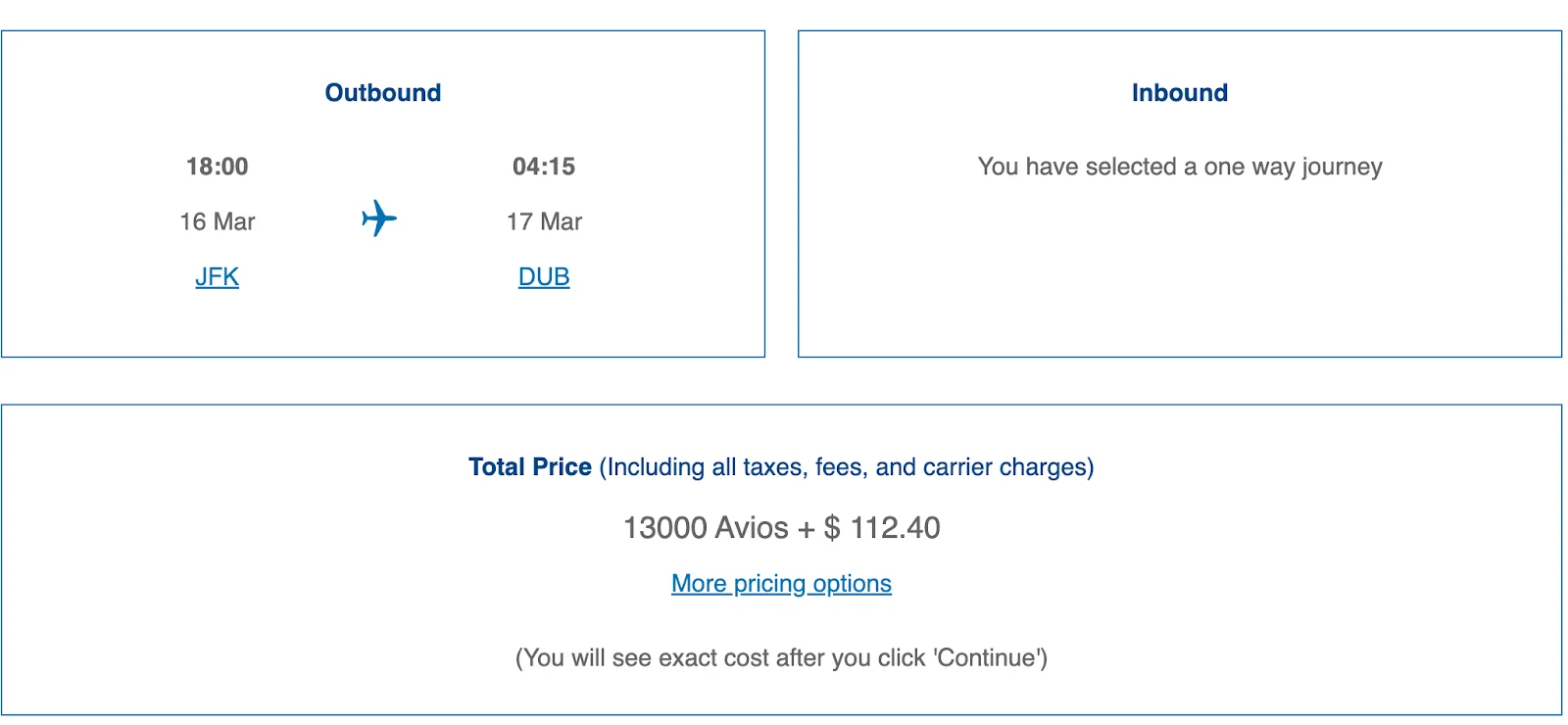 Screenshot of an Avios booking screen showing a one-way New York to Dublin flight priced at 13,000 Avios plus $112.40.