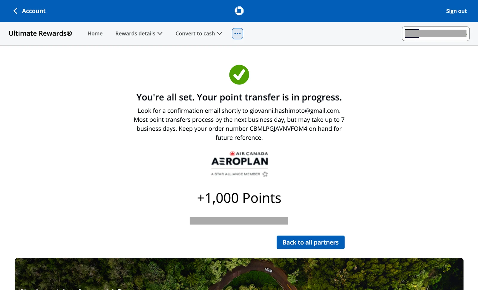 Chase Ultimate Rewards confirmation screen showing a completed transfer of 1,000 points to Air Canada Aeroplan