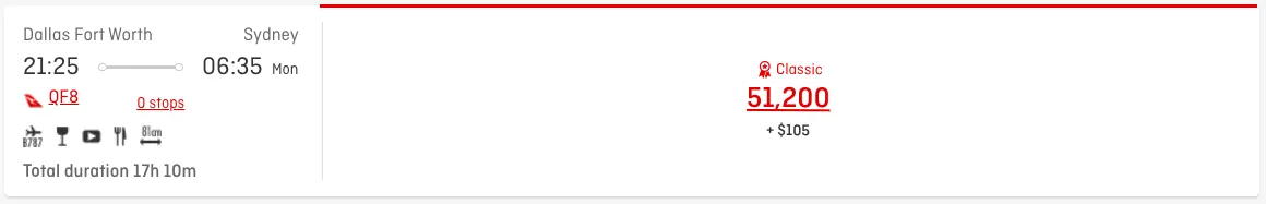 Screenshot of a Qantas award search showing a Dallas Fort Worth to Sydney nonstop flight priced at 51,200 points in Economy Classic