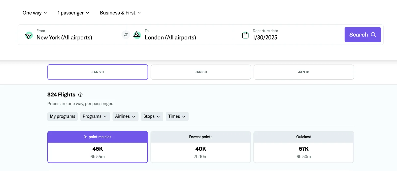 Screenshot of point.me search results for a New York to London business class flight, comparing options from 40,000 to 57,000 points.