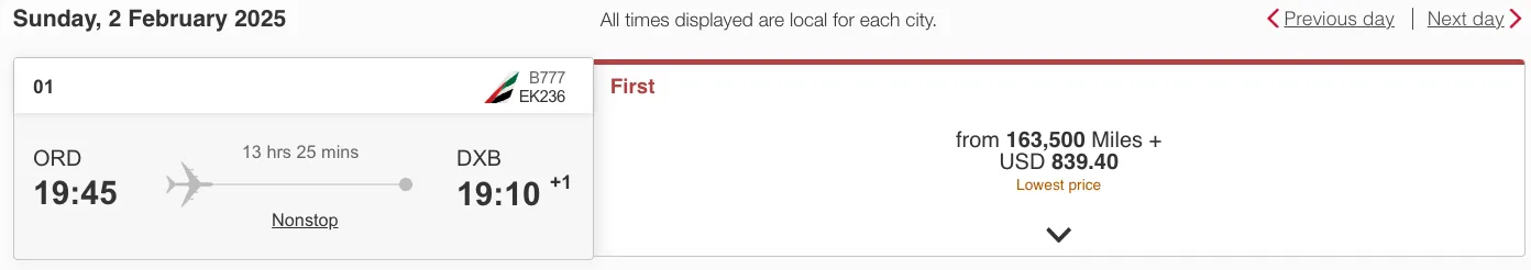 Screenshot of an Emirates award search for a nonstop Chicago to Dubai flight priced from 163,500 miles in First class