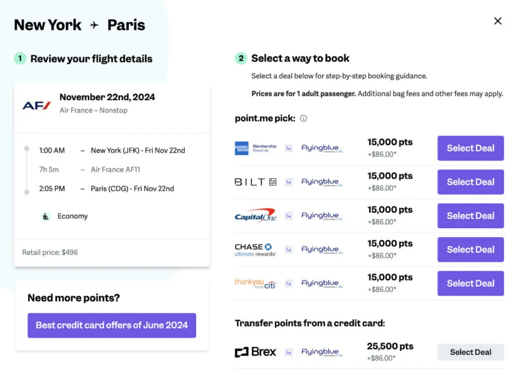 Screenshot of point.me showing a New York to Paris Air France flight bookable for 15,000 Flying Blue points from several transfer partners