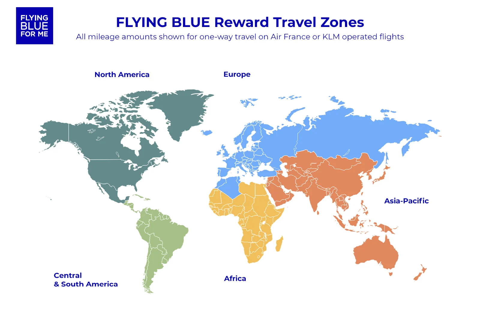 A world map graphic illustrating Flying Blue's reward travel zones, dividing the globe into North America, Europe, Asia-Pacific, Central and South America, and Africa.
