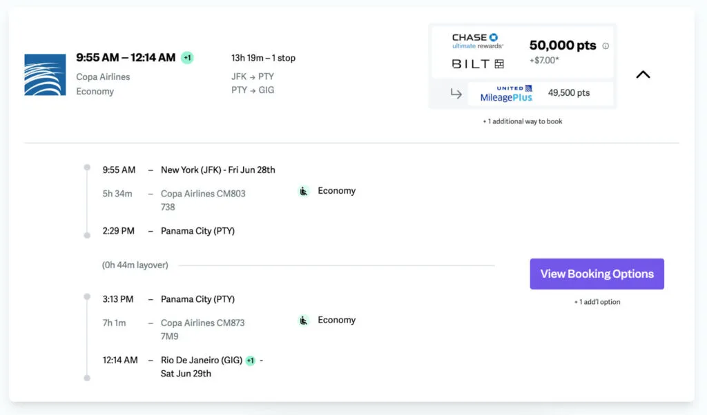Screenshot of a Copa Airlines itinerary from New York to Rio de Janeiro via Panama City, with a booking option for 50,000 Chase or Bilt points.