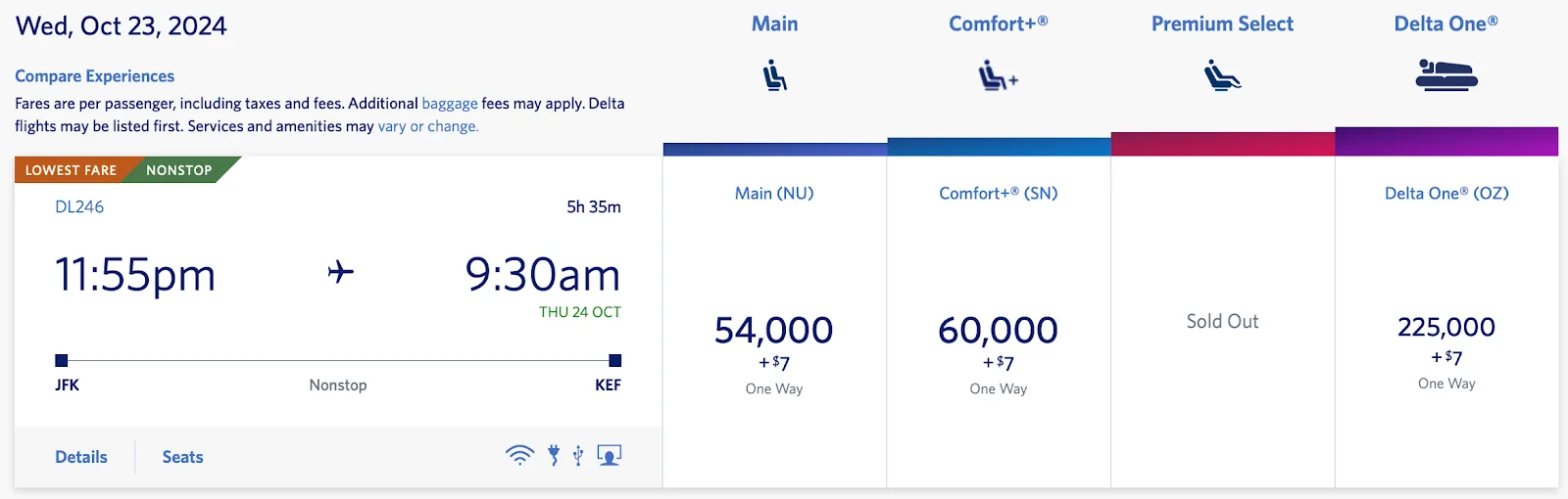 Screenshot of a Delta fare comparison for a New York to Reykjavik flight showing Delta One priced at 225,000 miles one way