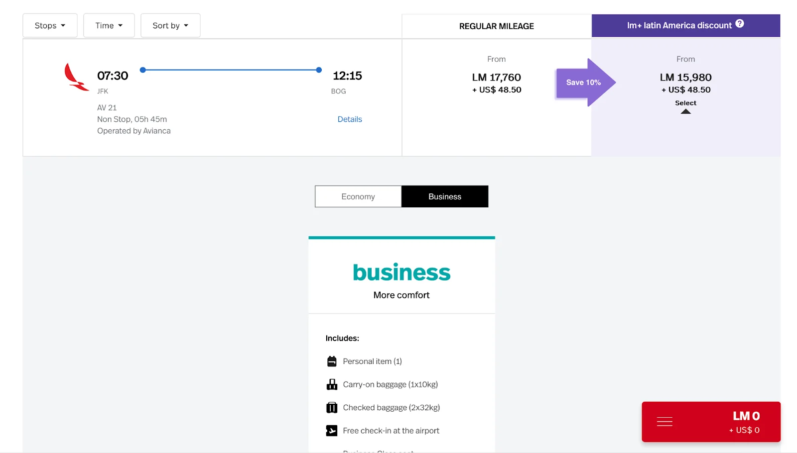 Screenshot of an Avianca LifeMiles search showing a JFK to Bogota flight priced at 17,760 miles in business class, or 15,980 miles with a 10% LifeMiles+ discount