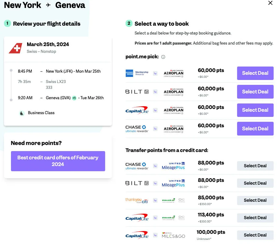 Screenshot of a point.me search for a New York to Geneva Swiss business class flight, listing transfer options from cards like Amex, Bilt, Capital One, and Chase to Aeroplan for 60,000 points.