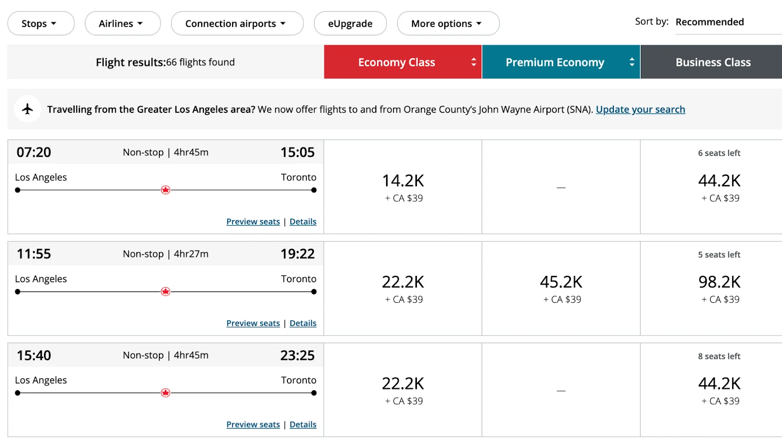 Screenshot of Air Canada award flight search results from Los Angeles to Toronto showing economy fares from 14,200 points and business class up to 98,200 points