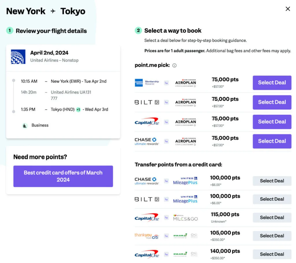 Screenshot of booking guidance for a New York to Tokyo business class flight on United, listing transfer options like Air Canada Aeroplan for 75,000 points.