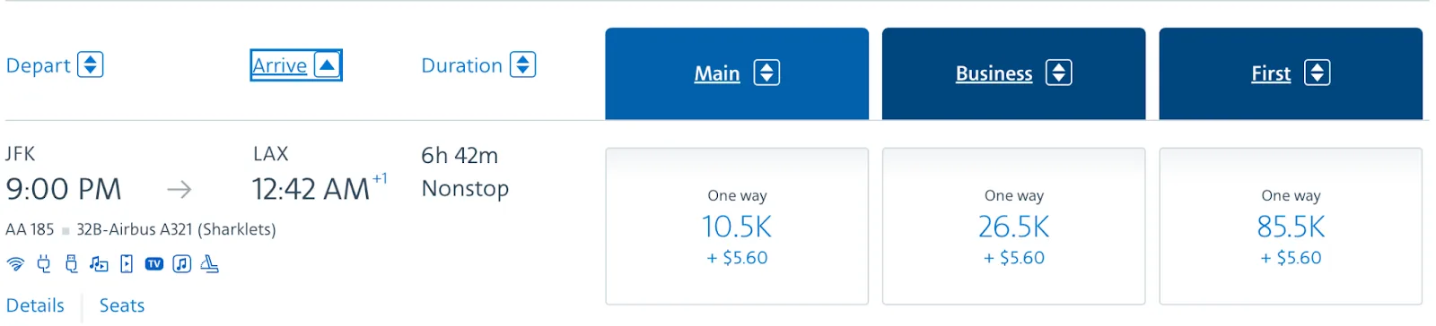 American Airlines flight search result showing a nonstop JFK to LAX flight with Main, Business, and First fares priced in AAdvantage miles