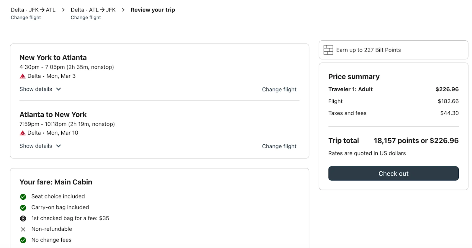 Bilt Travel Portal trip review screen for a round-trip Delta flight between New York and Atlanta, totaling 18,157 points