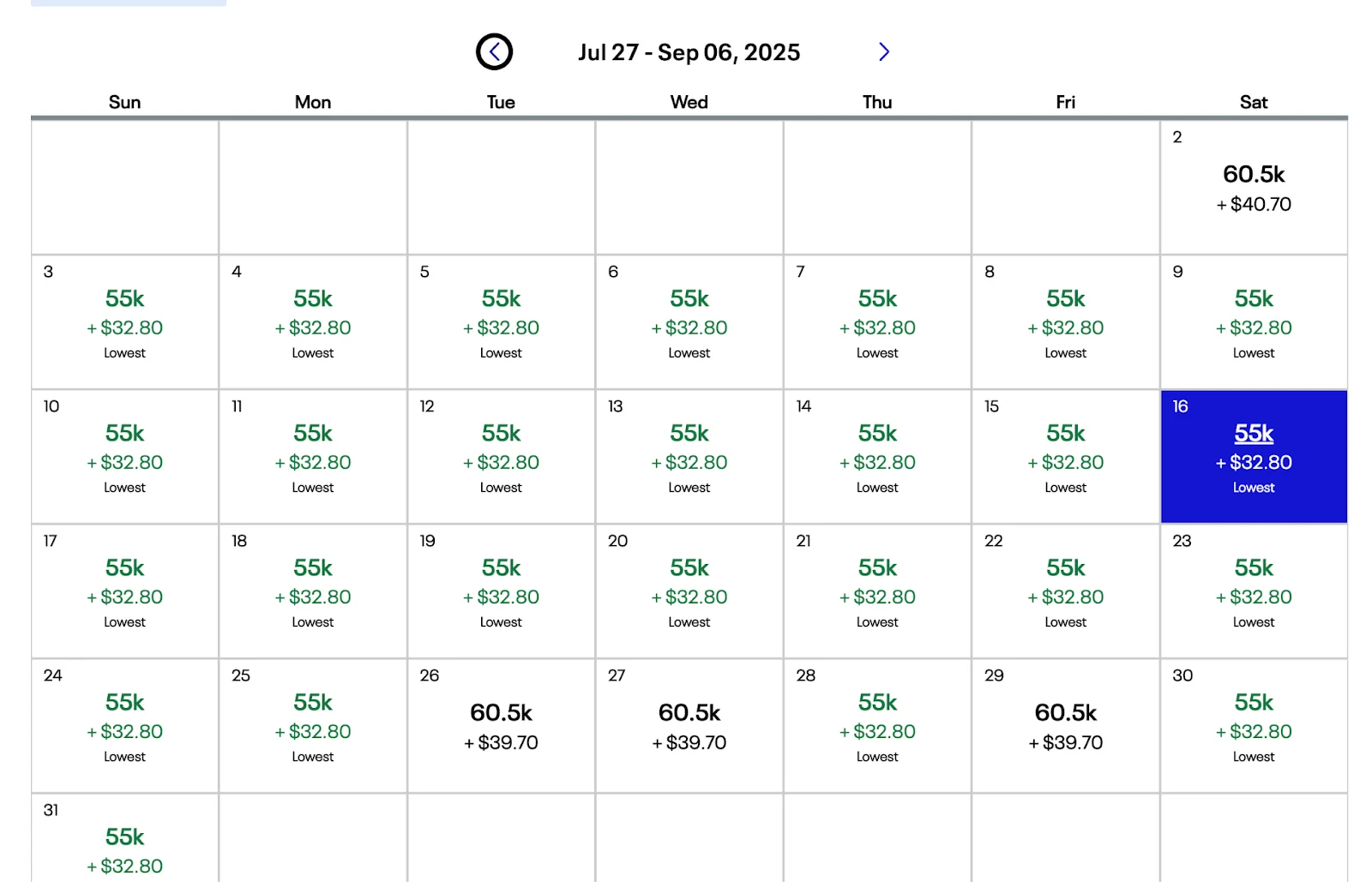 Screenshot of an Alaska Airlines Mileage Plan award calendar showing flights priced at 55,000 miles plus fees across most dates