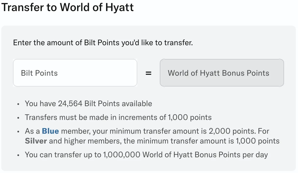 Screenshot of a Bilt Rewards transfer screen converting Bilt Points to World of Hyatt Bonus Points, showing an available balance of 24,564 points.