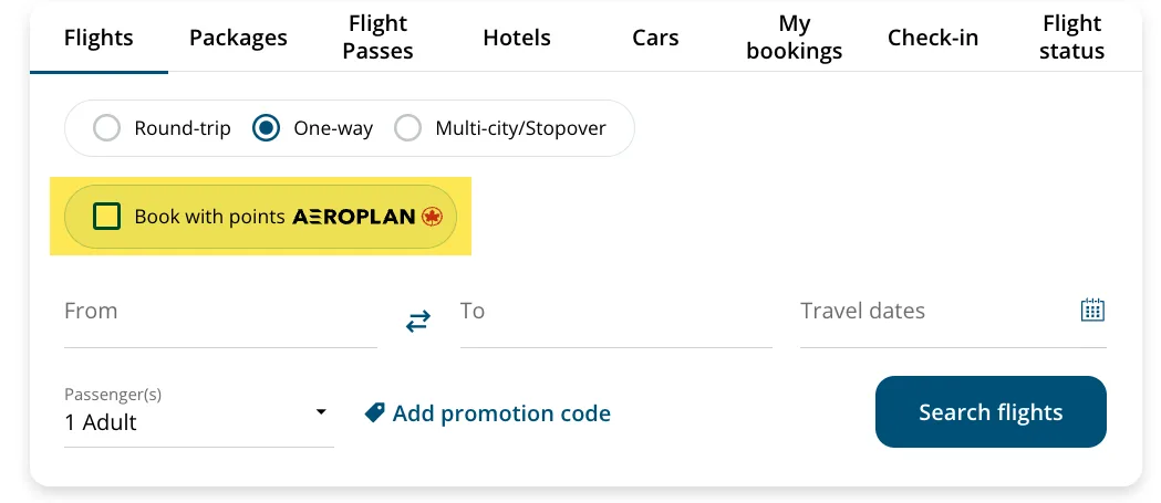 Screenshot of the Air Canada website flight search form with the 'Book with points Aeroplan' checkbox highlighted
