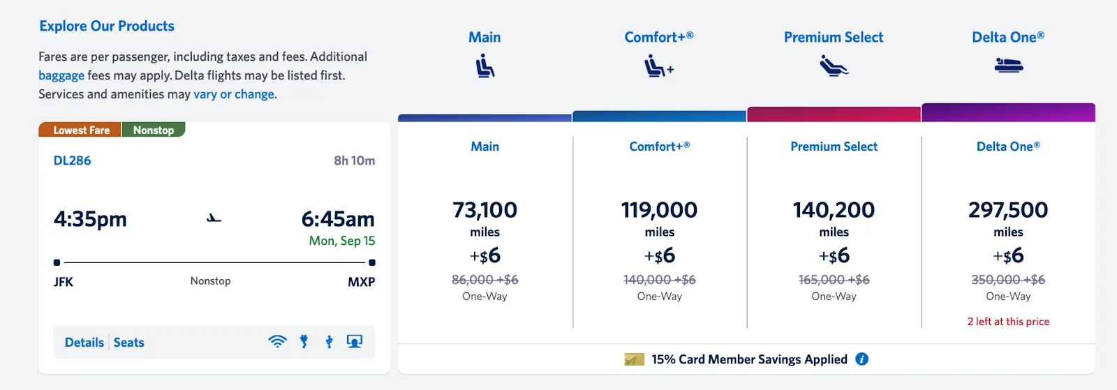 Delta fare chart comparing Main, Comfort+, Premium Select, and Delta One mileage prices for a nonstop JFK to Milan flight