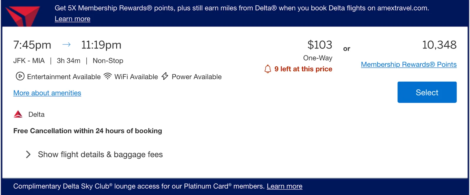 Screenshot of an Amex Travel search result for a Delta flight from JFK to Miami, priced at $103 or 10,348 Membership Rewards points.