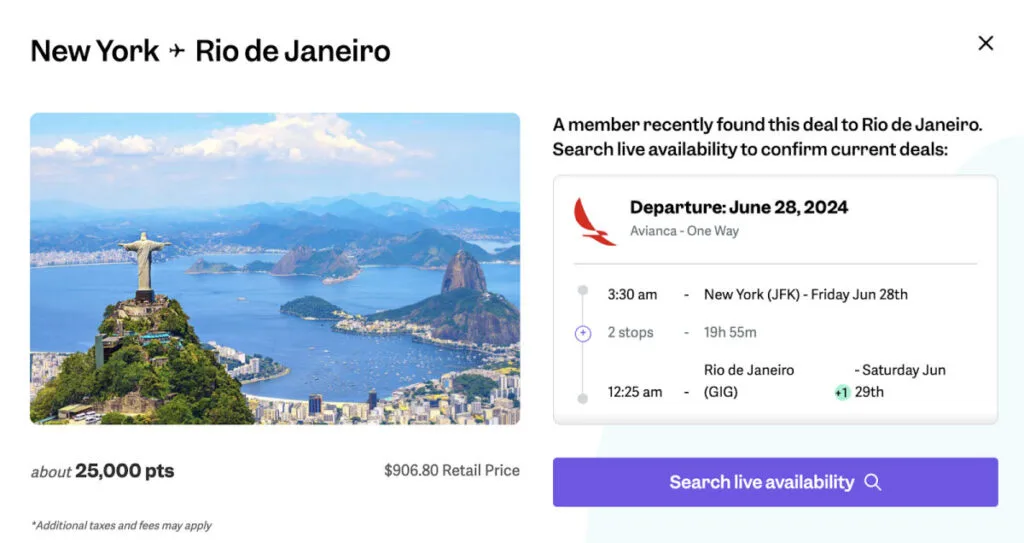 Screenshot of a point.me deal showing a New York to Rio de Janeiro flight on Avianca for about 25,000 points, with a photo of the Christ the Redeemer statue overlooking the city.