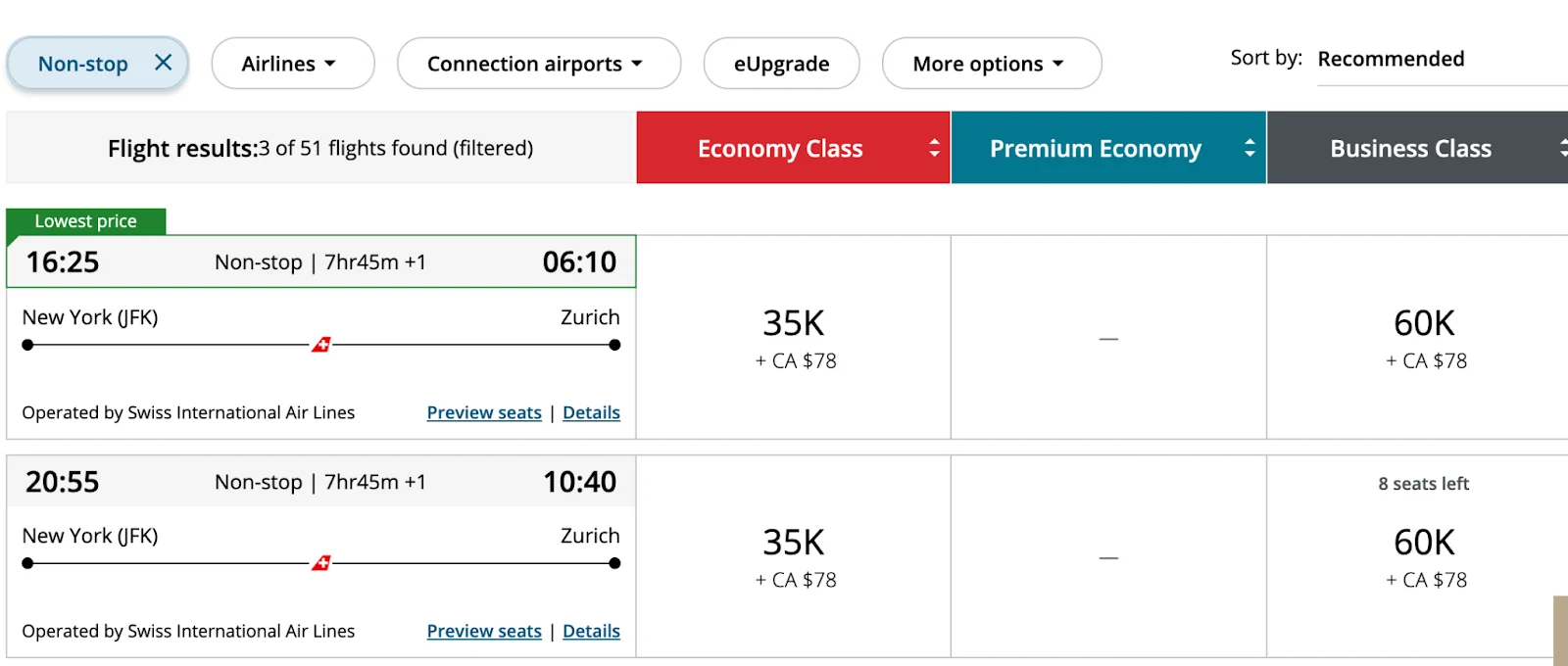 Air Canada Aeroplan search results showing nonstop JFK to Zurich flights operated by Swiss International Air Lines, priced at 35,000 points in Economy and 60,000 in Business