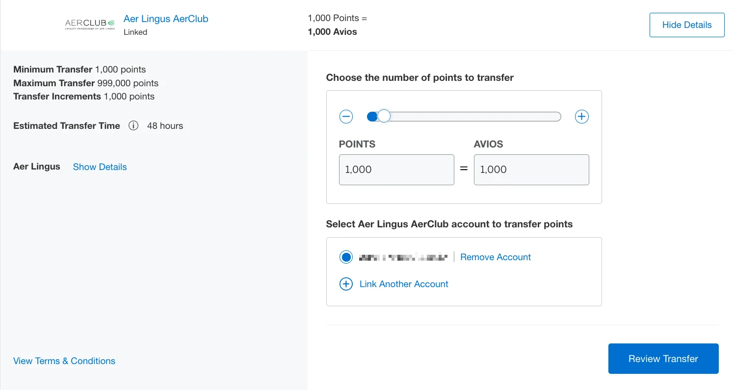 Screenshot of an American Express Membership Rewards points transfer screen set to send 1,000 points to an Aer Lingus AerClub account at a 1:1 ratio.