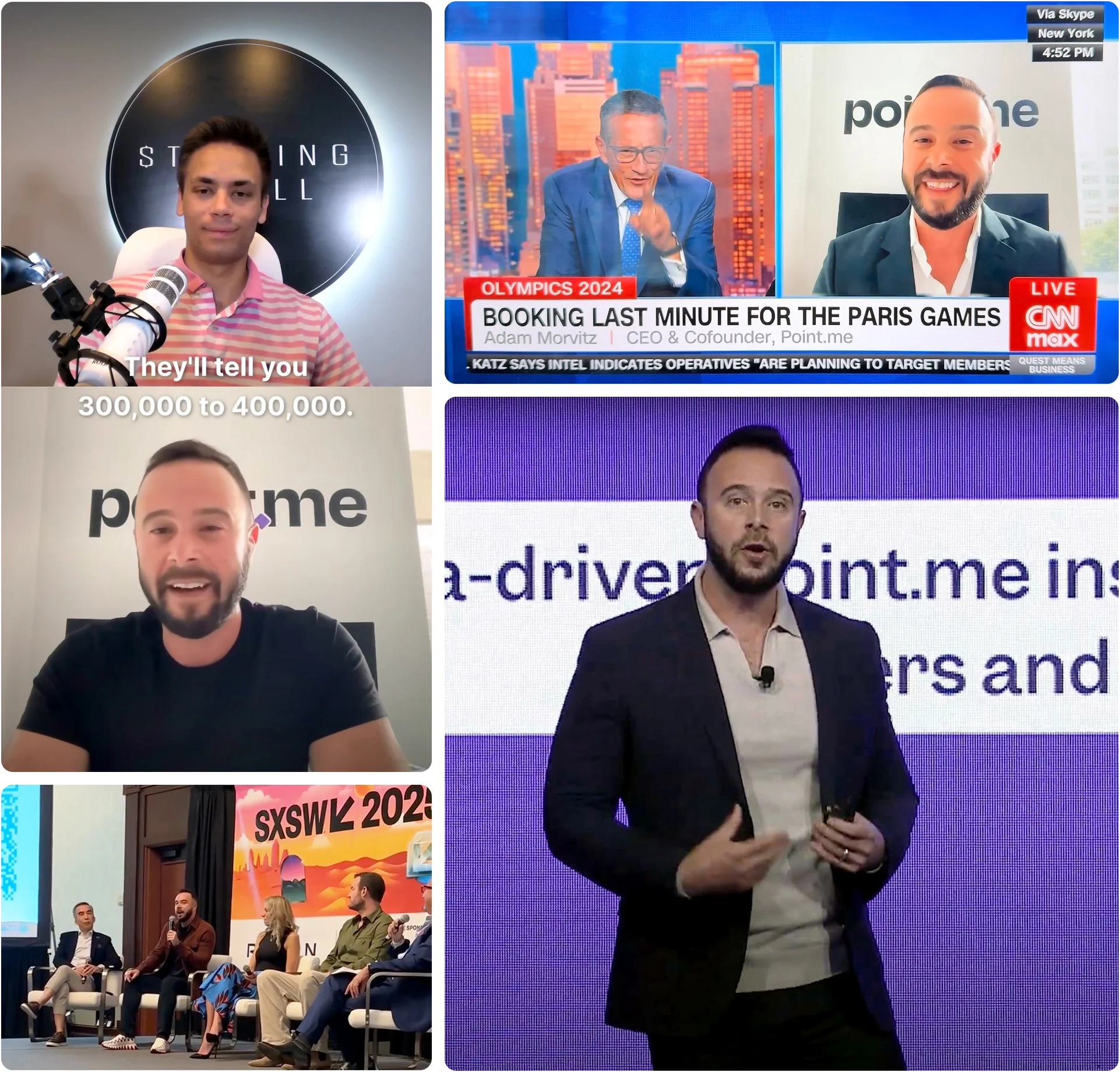 A Photo Pinboard showing Adam Morvitz on the Starting Small podcast, speaking on a panel at SXSW 2025, appearing on CNN for an interview, and on stage.