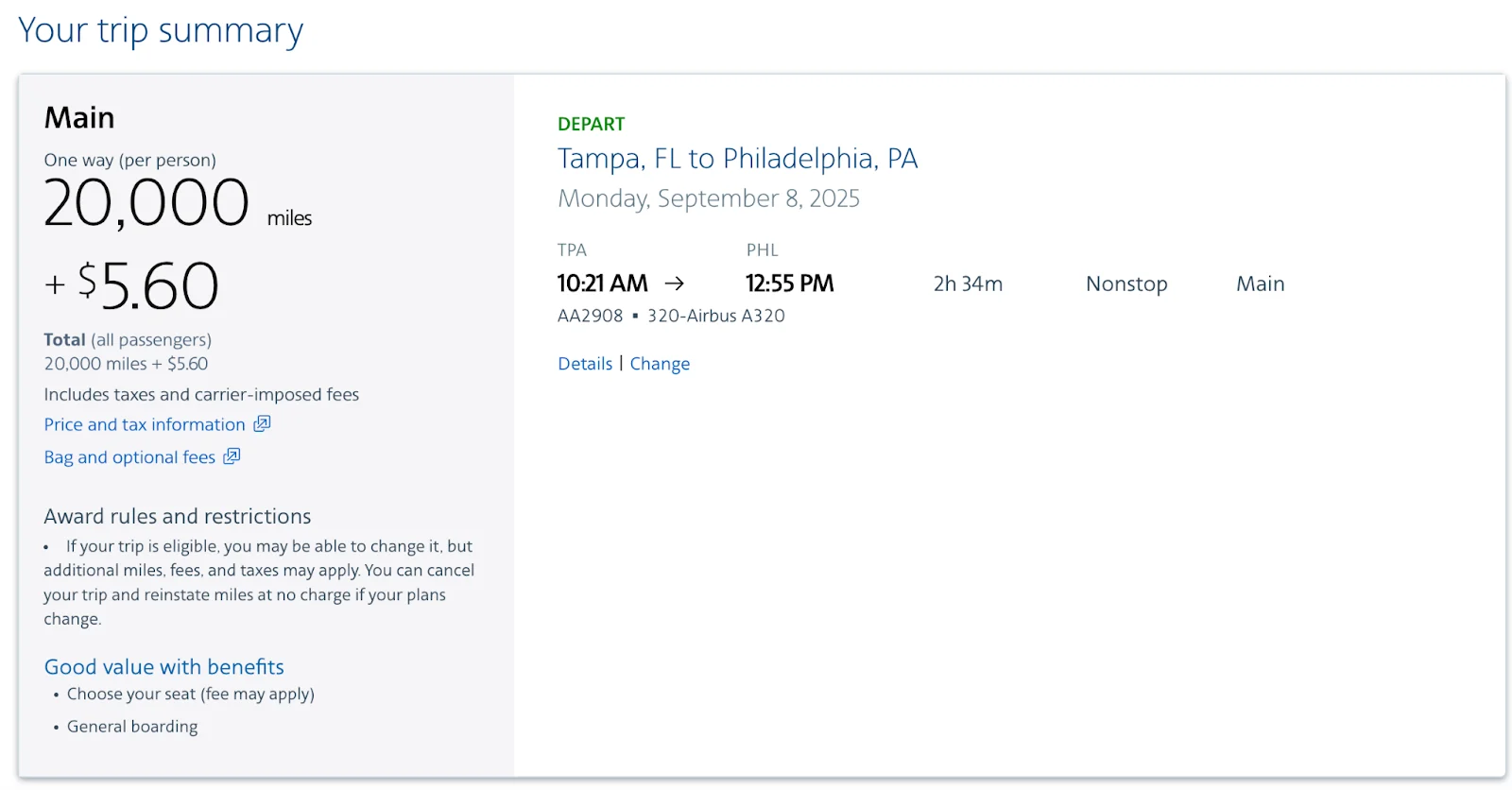 Screenshot of an American Airlines trip summary showing a Tampa to Philadelphia flight for 20,000 miles plus $5.60