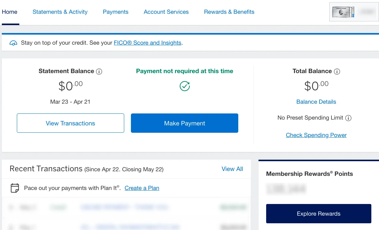 American Express online account overview showing a $0 statement balance and a Membership Rewards points summary