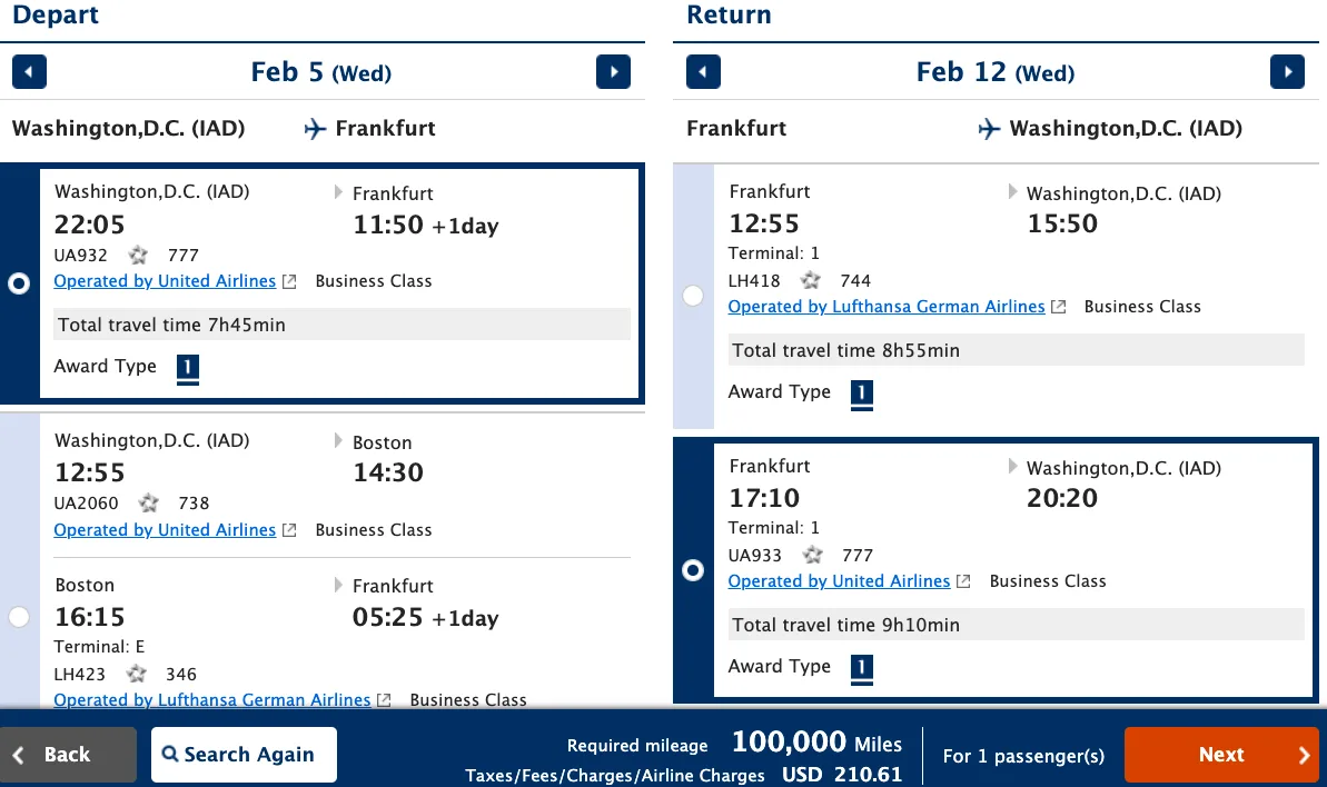 Screenshot of an ANA Mileage Club award booking for a United Airlines and Lufthansa business class round trip between Washington, D.C. and Frankfurt for 100,000 miles.