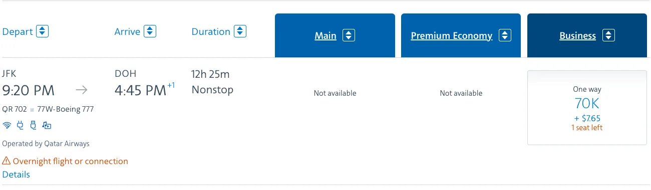 Qatar Airways flight search result showing a nonstop New York to Doha flight priced at 70,000 Avios in Business class