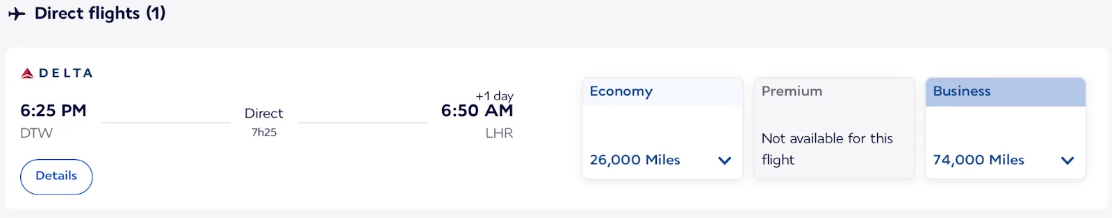 Screenshot of a Flying Blue award search on a Delta-operated Detroit to London flight, showing economy at 26,000 miles and business at 74,000 miles.