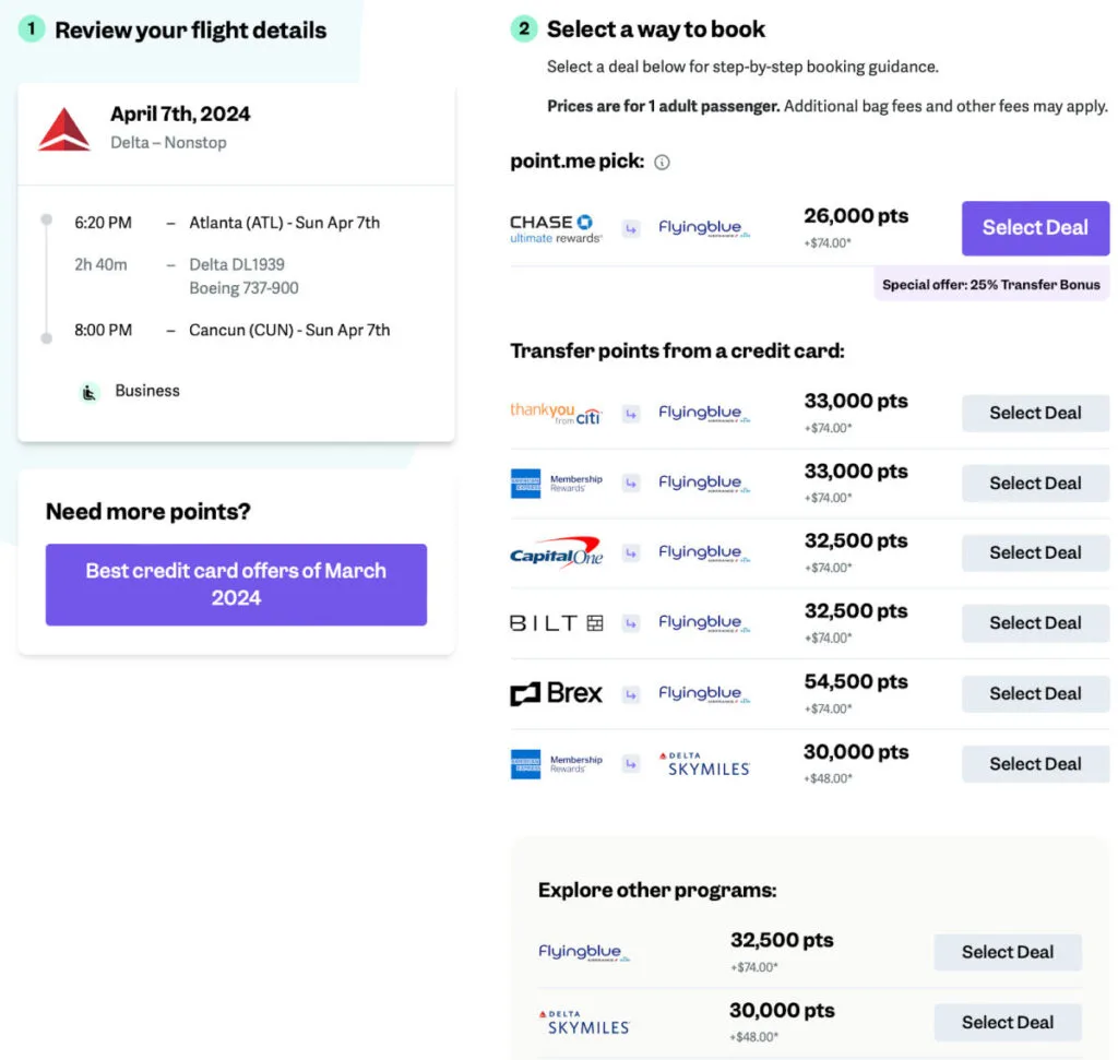 Screenshot of a point.me booking guide comparing credit card transfer options for an Atlanta to Cancun Delta business class flight