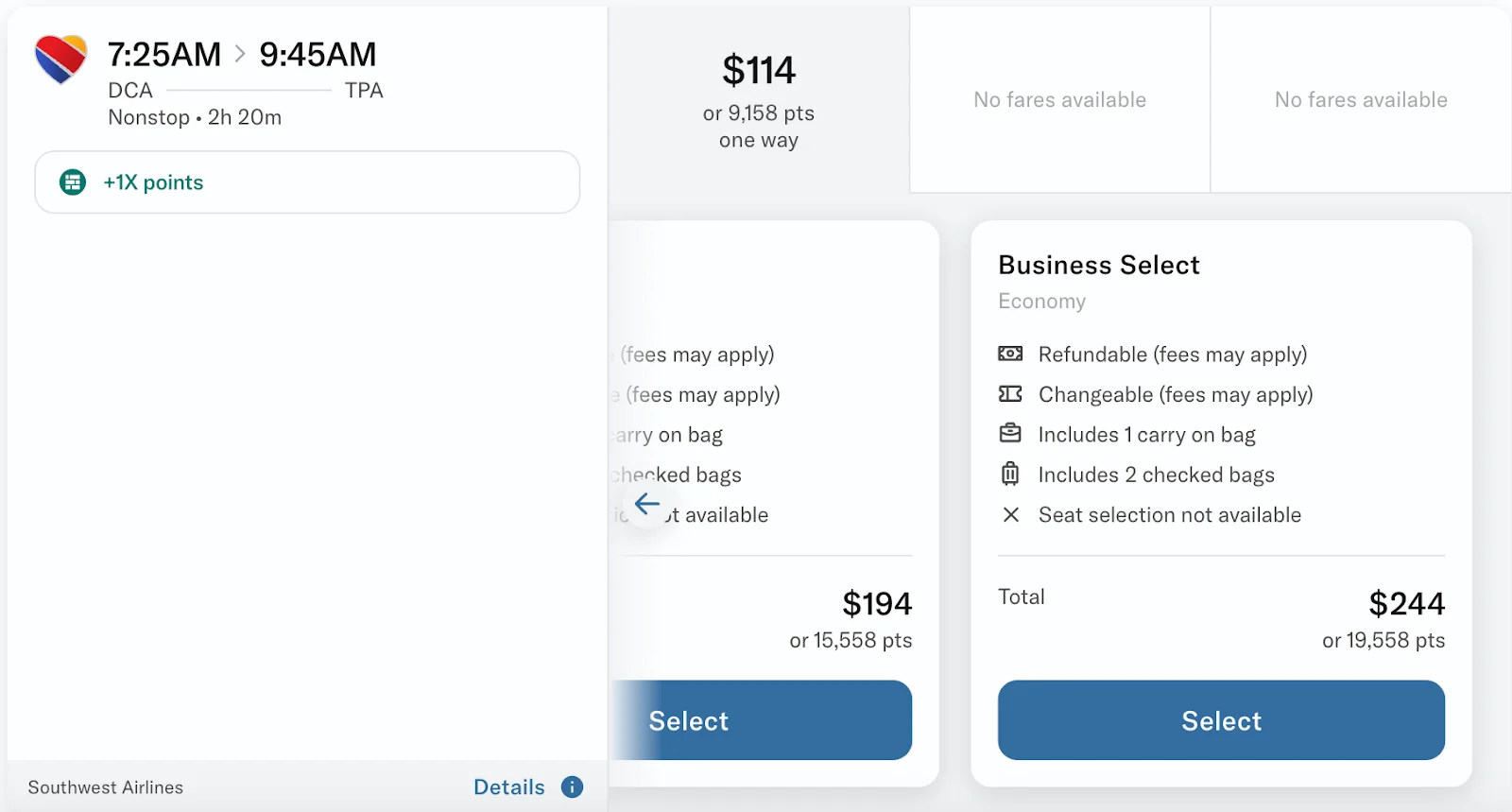 Screenshot of Bilt travel portal fare details showing a Southwest Business Select fare priced at 19,558 points