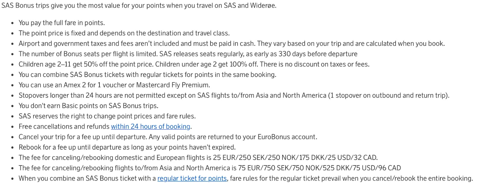 Screenshot of an SAS EuroBonus policy explaining Bonus trip rules, including point pricing, cancellation fees, and rebooking charges by route.
