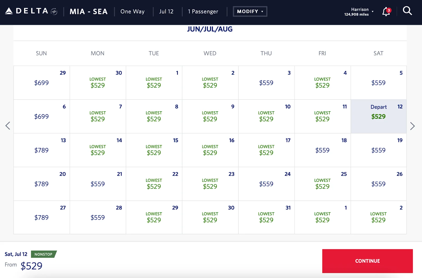 Screenshot of a Delta fare calendar for Miami to Seattle showing round-trip prices around $529 across most dates