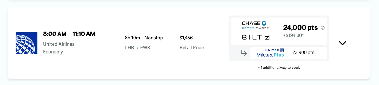 Screenshot of a point.me search result for a nonstop United Airlines economy flight from London to Newark for 24,000 Chase Ultimate Rewards or Bilt points.