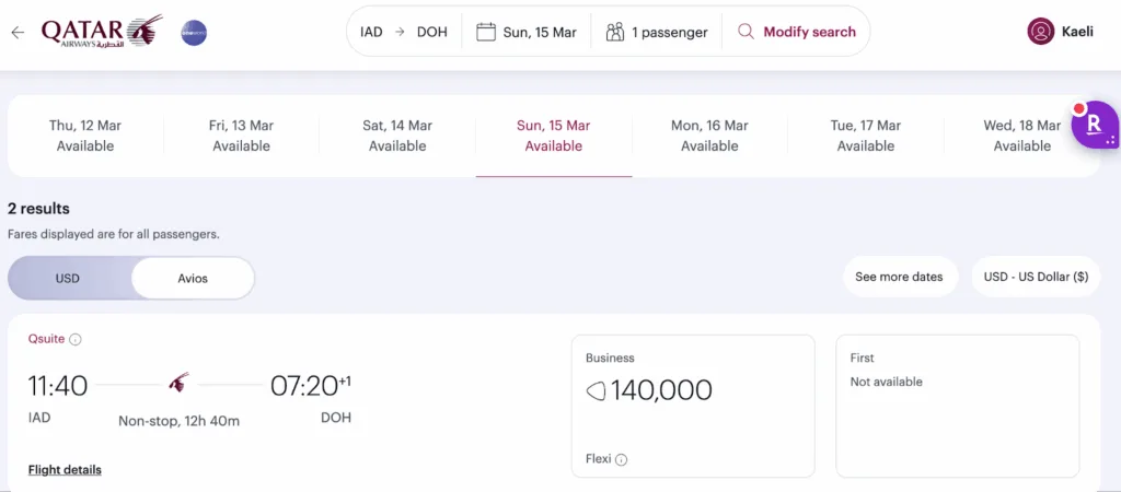 Screenshot of a Qatar Airways award search from Washington Dulles to Doha, showing a Qsuite business class fare for 140,000 Avios.