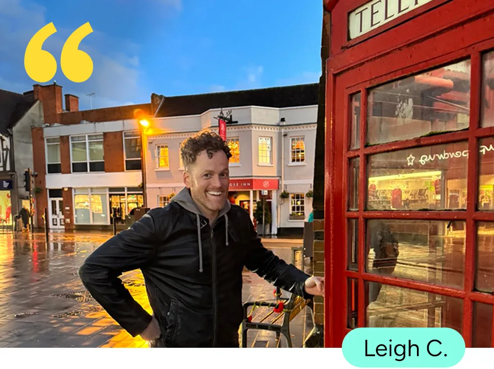 point.me member Leigh C. at a classic London phone booth