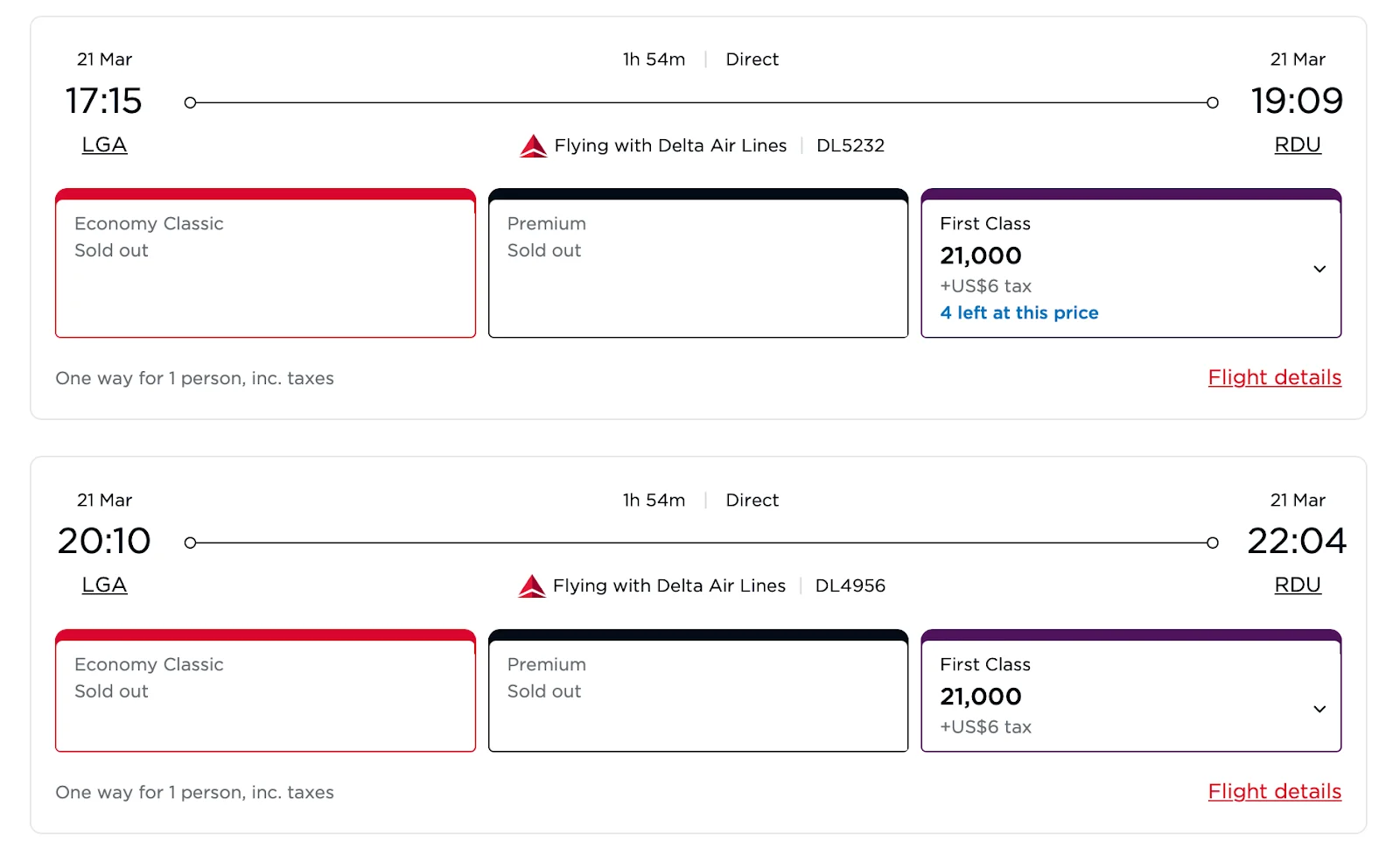 Screenshot of a Delta award search showing LaGuardia to Raleigh-Durham First Class seats available for 21,000 miles