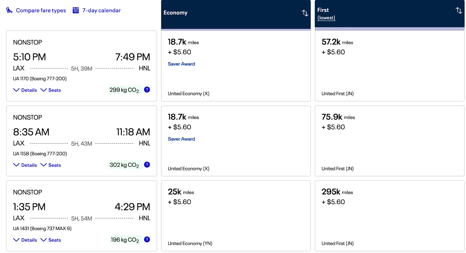Screenshot of a United award search for nonstop Los Angeles to Honolulu flights, showing economy Saver fares around 18,700 miles and first class fares up to 295,000 miles.